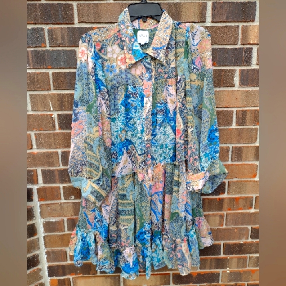 MISA LA Mita Patchwork Chiffon Mini Dress Blue - Picture 2 of 8